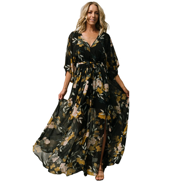 Baltic Born XXXL Black Floral Kimono Wrap Maxi Dress Belted V-Neck Polyester - Picture 1 of 12